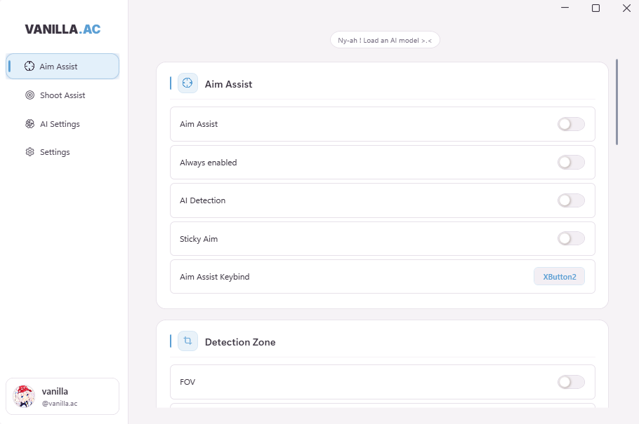 VANILLA.AC software interface with Aim Assist settings